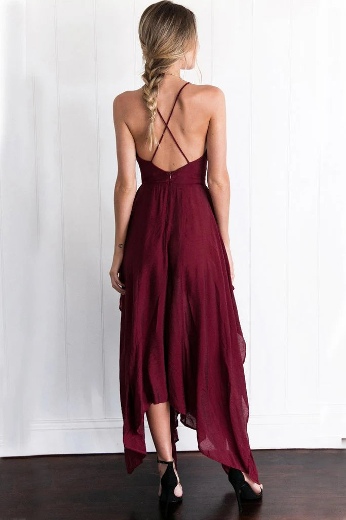 Prom Dresses Stores Chiffon Spaghetti Straps V Neck Cross Back Burgundy Assymetrical Hem Long Prom Evening Dress Formal Women's Dresses